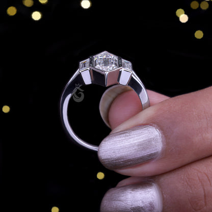 Long Hexagon Cut Moissanite Ring – 14K Gold Bezel Set Three-Stone Split Shank Wedding Ring