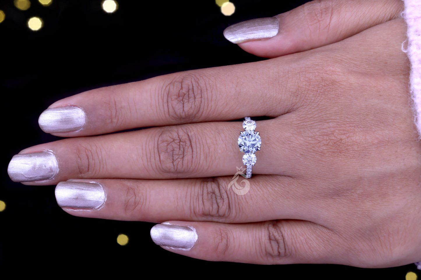 3-Stone Dark Gray Round Moissanite Engagement Ring – Tulip Style Wedding & Anniversary Ring