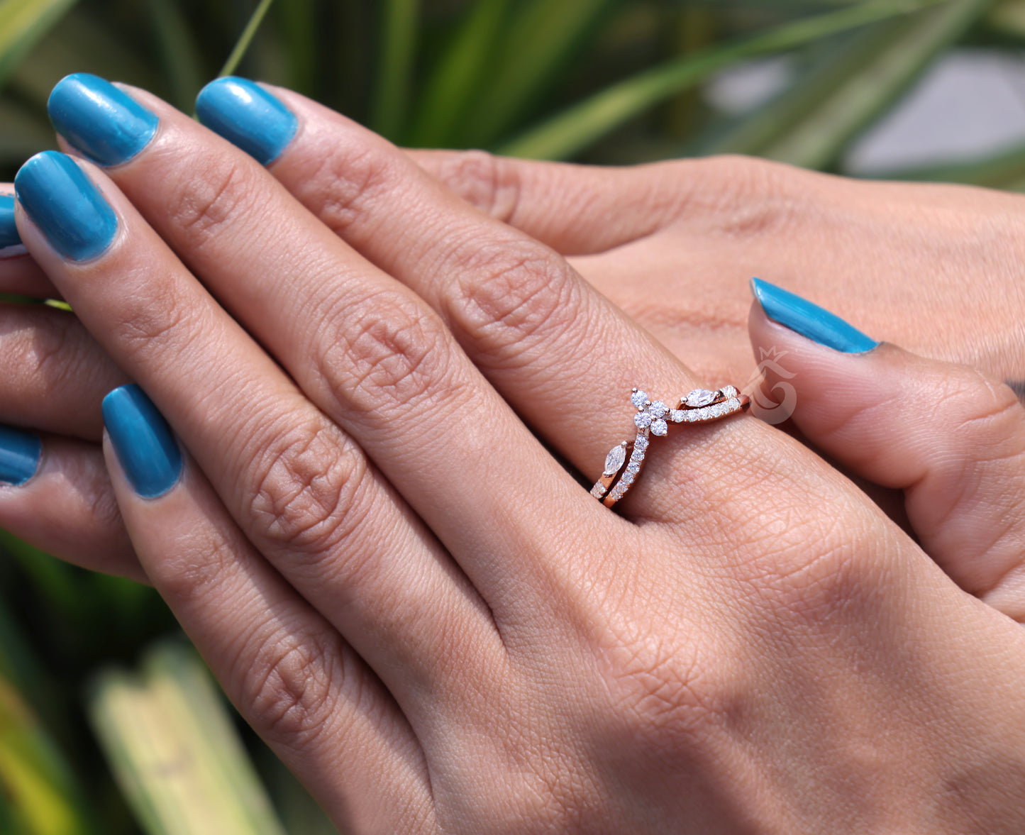 Marquise Moissanite Curved Bridal Ring Set, Chevron Vine Leaf Design