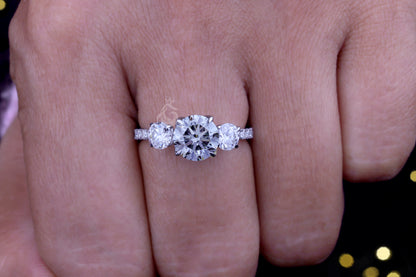 3-Stone Dark Gray Round Moissanite Engagement Ring – Tulip Style Wedding & Anniversary Ring