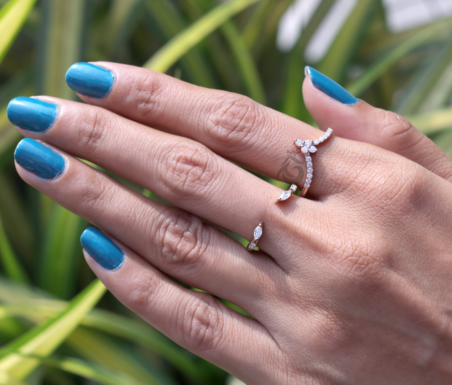 Marquise Moissanite Curved Bridal Ring Set, Chevron Vine Leaf Design