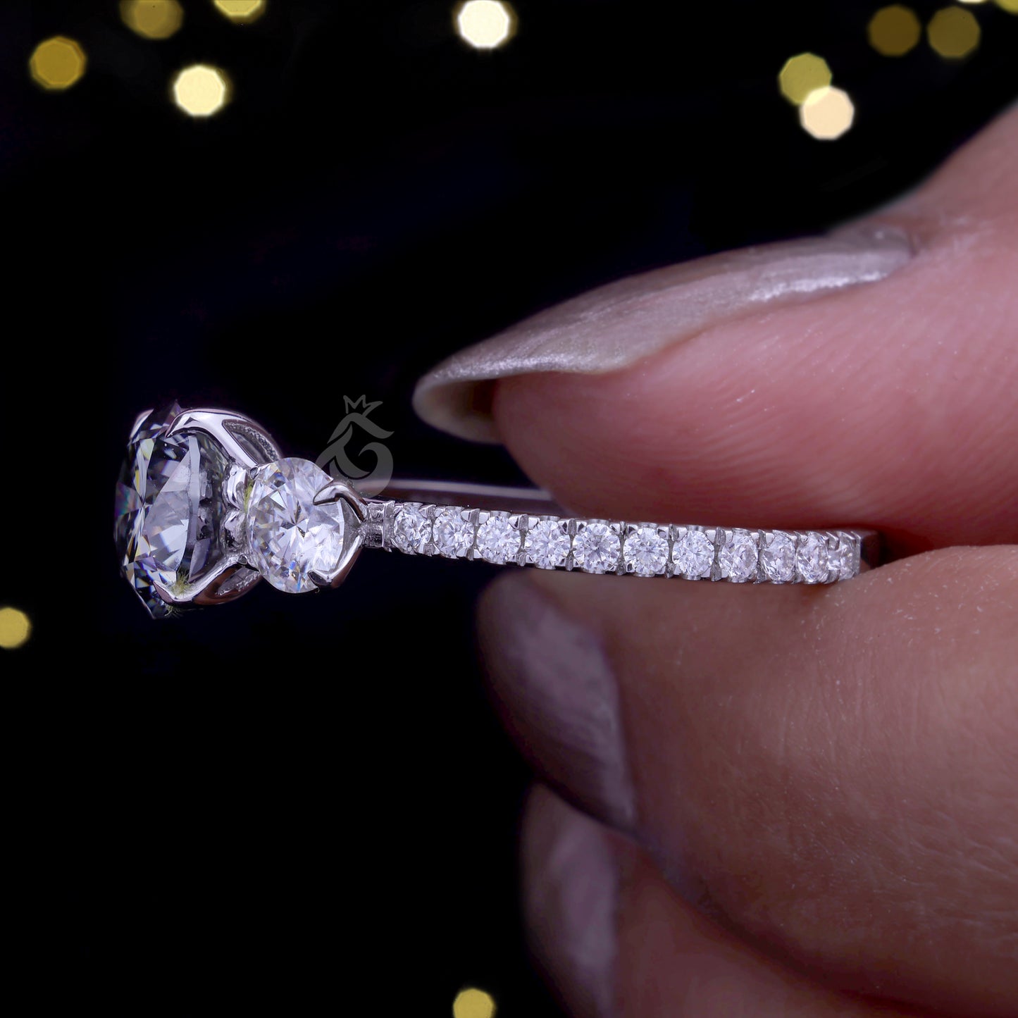 3-Stone Dark Gray Round Moissanite Engagement Ring – Tulip Style Wedding & Anniversary Ring