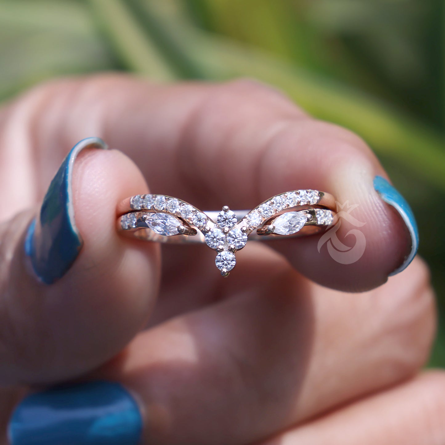 Marquise Moissanite Curved Bridal Ring Set, Chevron Vine Leaf Design
