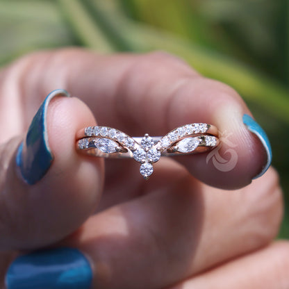 Marquise Moissanite Curved Bridal Ring Set, Chevron Vine Leaf Design