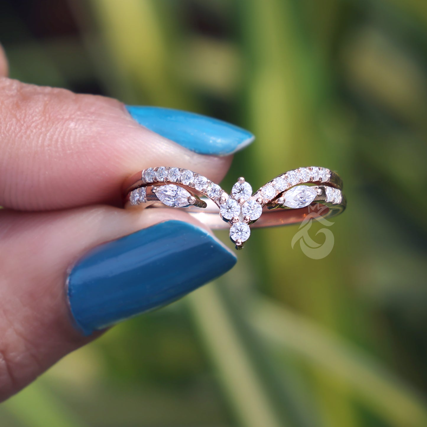 Marquise Moissanite Curved Bridal Ring Set, Chevron Vine Leaf Design