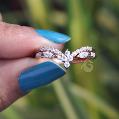 Marquise Moissanite Curved Bridal Ring Set, Chevron Vine Leaf Design