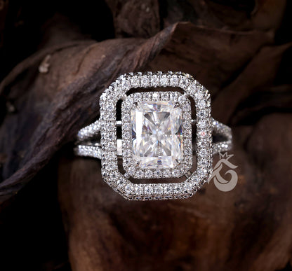 Double Halo Split Shank Radiant Cut Moissanite Ring – White Gold Engagement & Anniversary Ring