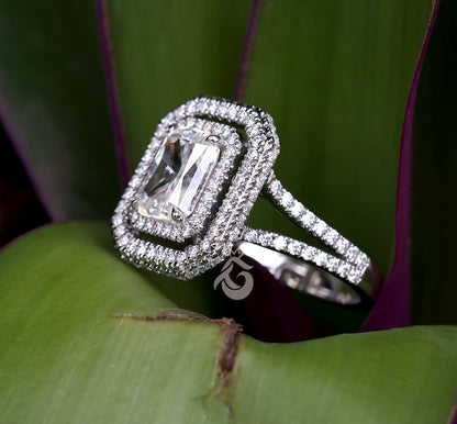 Double Halo Split Shank Radiant Cut Moissanite Ring – White Gold Engagement & Anniversary Ring