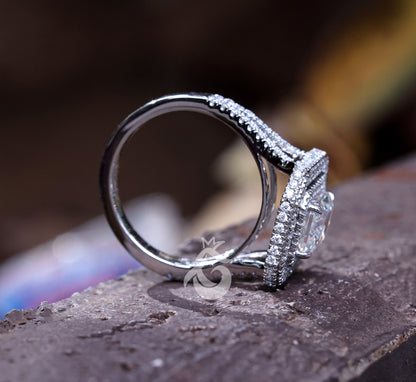 Double Halo Split Shank Radiant Cut Moissanite Ring – White Gold Engagement & Anniversary Ring