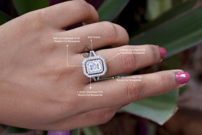 Double Halo Split Shank Radiant Cut Moissanite Ring – White Gold Engagement & Anniversary Ring
