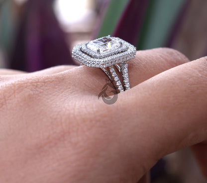 Double Halo Split Shank Radiant Cut Moissanite Ring – White Gold Engagement & Anniversary Ring