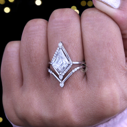 Vintage Kite Cut Moissanite Engagement Ring Set – 14K/18K White Gold Curved Wedding Band