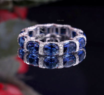 Oval Blue Sapphire Wedding Band – 14K Gold Round Halo Moissanite Stacking Ring