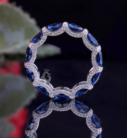 Oval Blue Sapphire Wedding Band – 14K Gold Round Halo Moissanite Stacking Ring