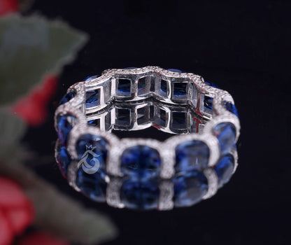Oval Blue Sapphire Wedding Band – 14K Gold Round Halo Moissanite Stacking Ring