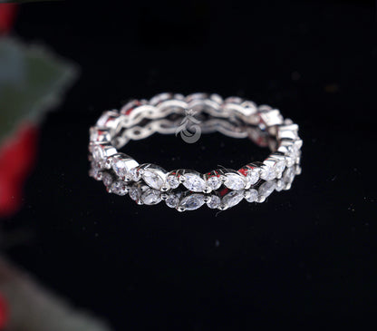 Full Eternity 0.52 TCW Marquise & Round Moissanite Band – 14K White Gold Stackable Wedding Ring