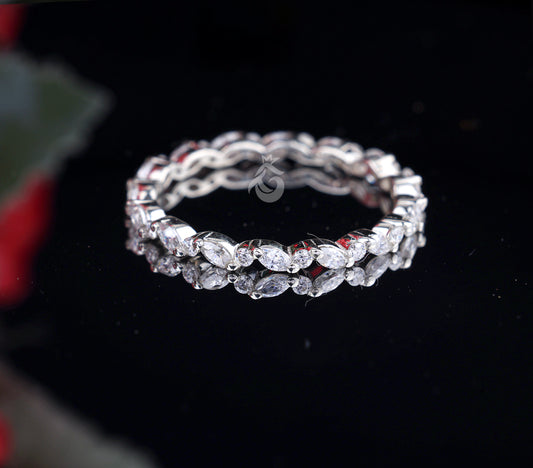 Full Eternity 0.52 TCW Marquise & Round Moissanite Band – 14K White Gold Stackable Wedding Ring