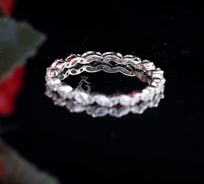 Full Eternity 0.52 TCW Marquise & Round Moissanite Band – 14K White Gold Stackable Wedding Ring