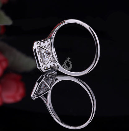 Emerald Cut Moissanite Engagement Ring – 10K White Gold Baguette Side Stone Halo Ring