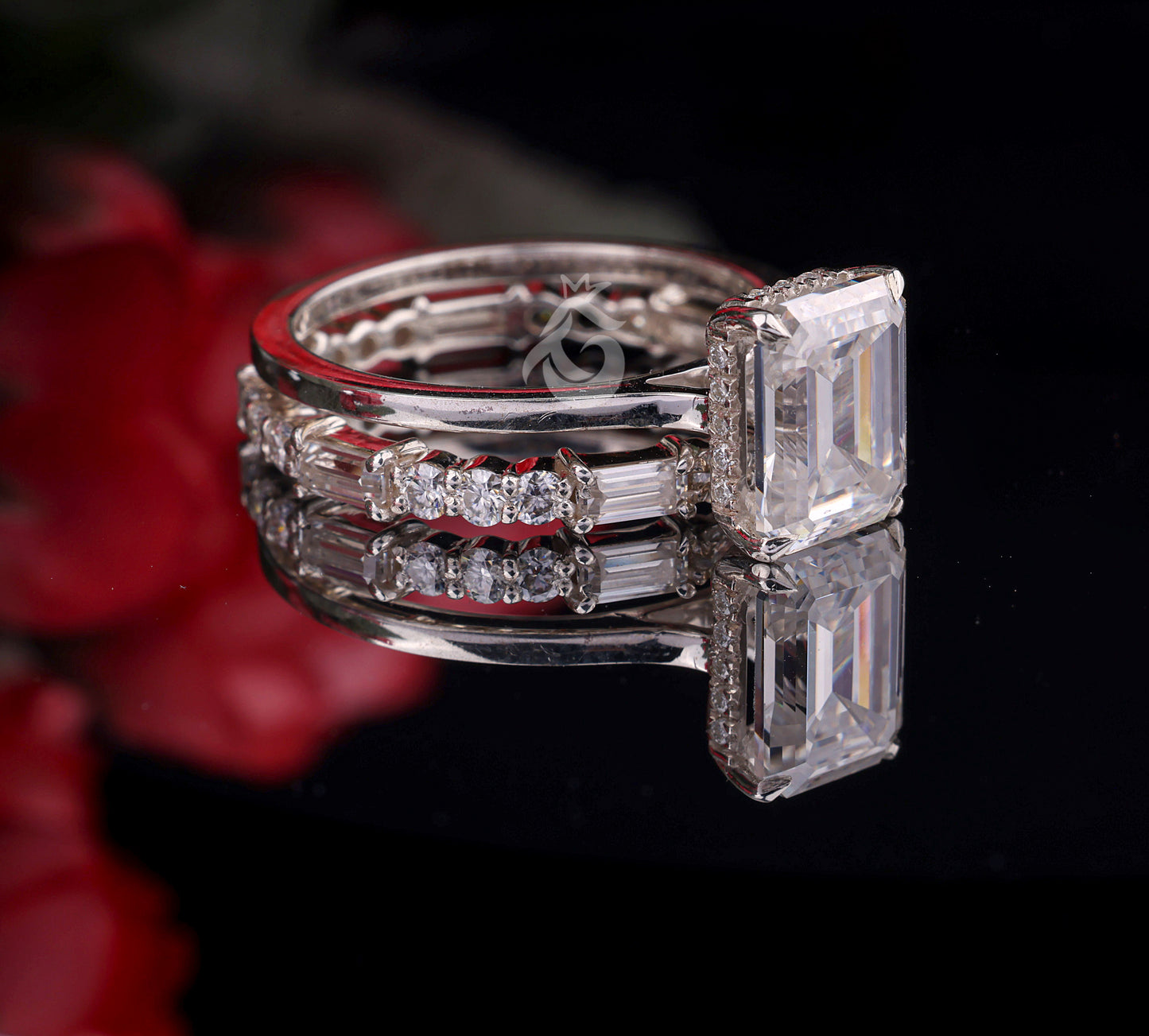 9x7mm Emerald Cut Moissanite Engagement Ring Set – Baguette & Round Full Eternity Band with Hidden Halo