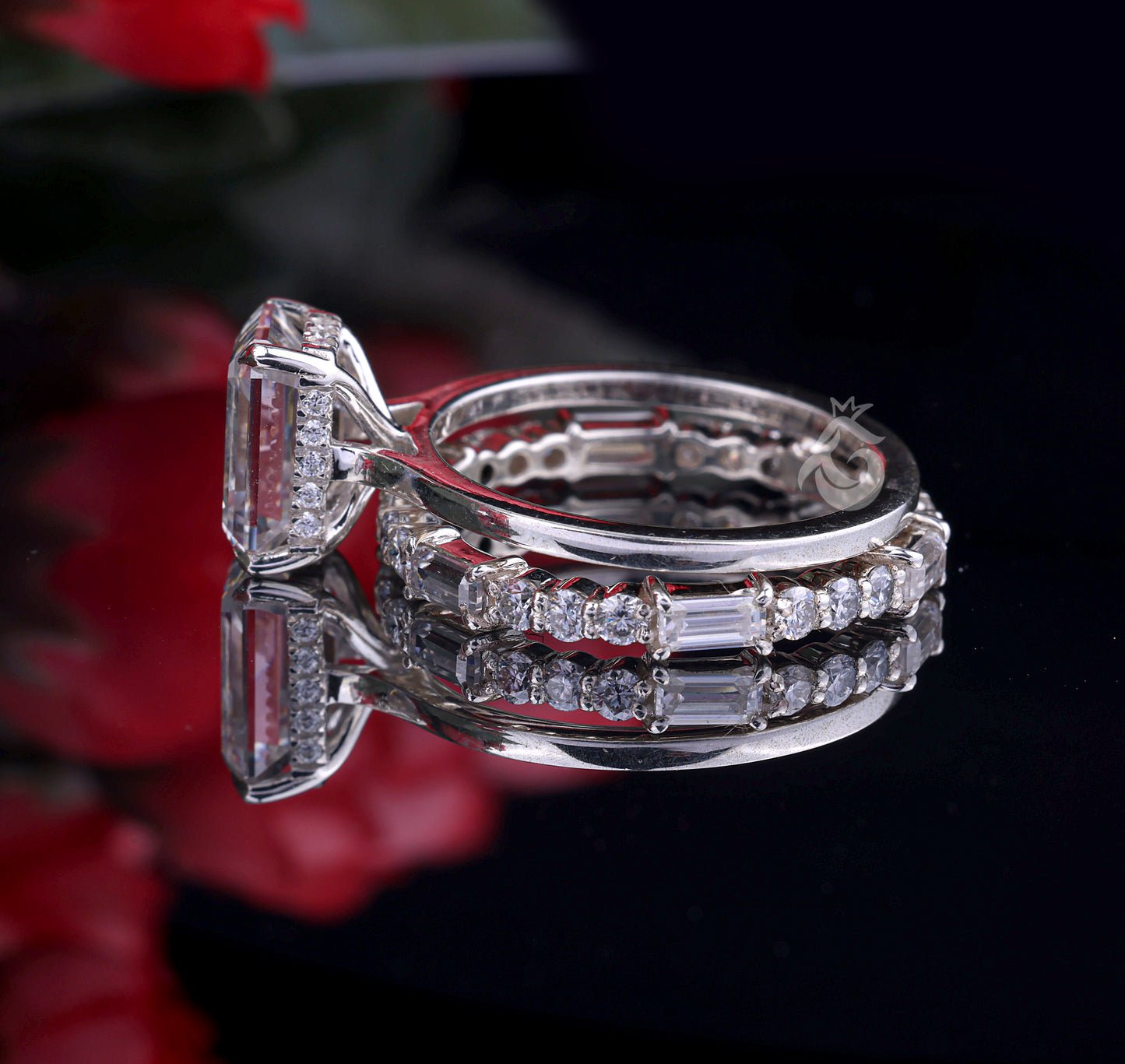 9x7mm Emerald Cut Moissanite Engagement Ring Set – Baguette & Round Full Eternity Band with Hidden Halo