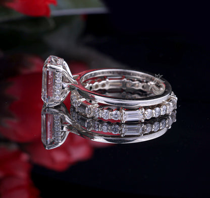 9x7mm Emerald Cut Moissanite Engagement Ring Set – Baguette & Round Full Eternity Band with Hidden Halo