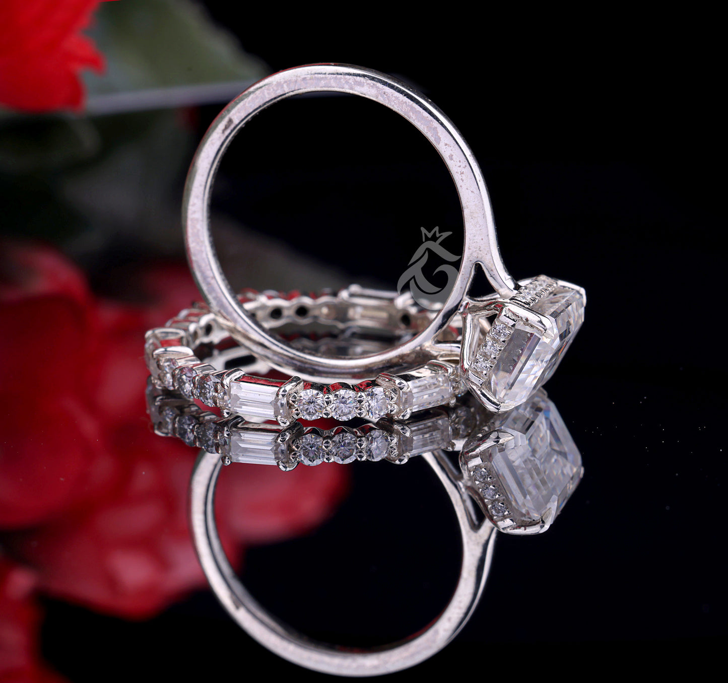 9x7mm Emerald Cut Moissanite Engagement Ring Set – Baguette & Round Full Eternity Band with Hidden Halo
