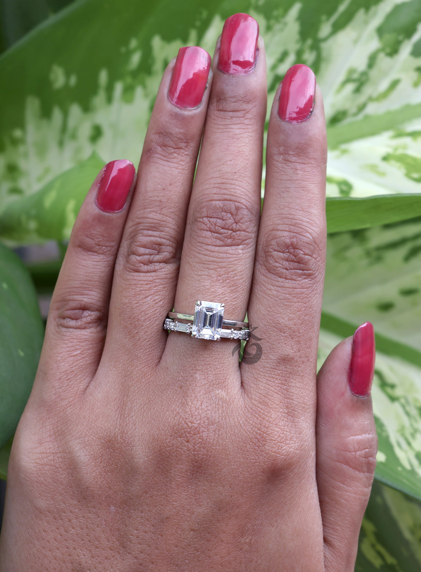 9x7mm Emerald Cut Moissanite Engagement Ring Set – Baguette & Round Full Eternity Band with Hidden Halo
