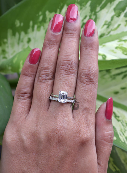 9x7mm Emerald Cut Moissanite Engagement Ring Set – Baguette & Round Full Eternity Band with Hidden Halo