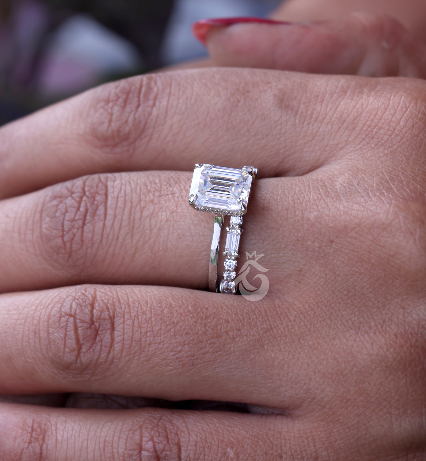 9x7mm Emerald Cut Moissanite Engagement Ring Set – Baguette & Round Full Eternity Band with Hidden Halo