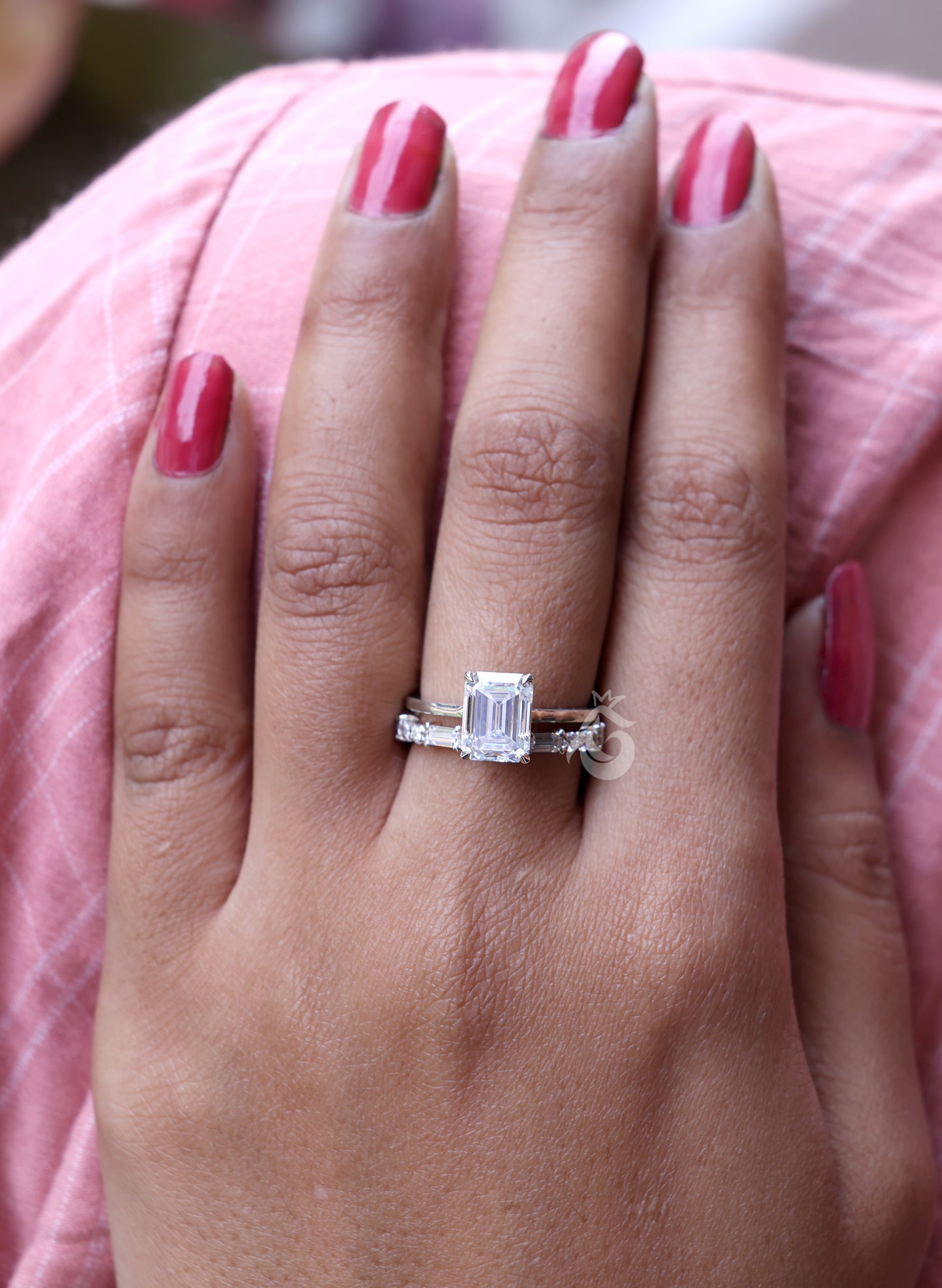 9x7mm Emerald Cut Moissanite Engagement Ring Set – Baguette & Round Full Eternity Band with Hidden Halo