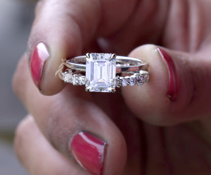 9x7mm Emerald Cut Moissanite Engagement Ring Set – Baguette & Round Full Eternity Band with Hidden Halo