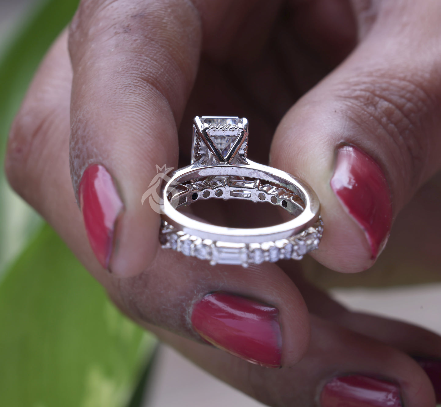 9x7mm Emerald Cut Moissanite Engagement Ring Set – Baguette & Round Full Eternity Band with Hidden Halo