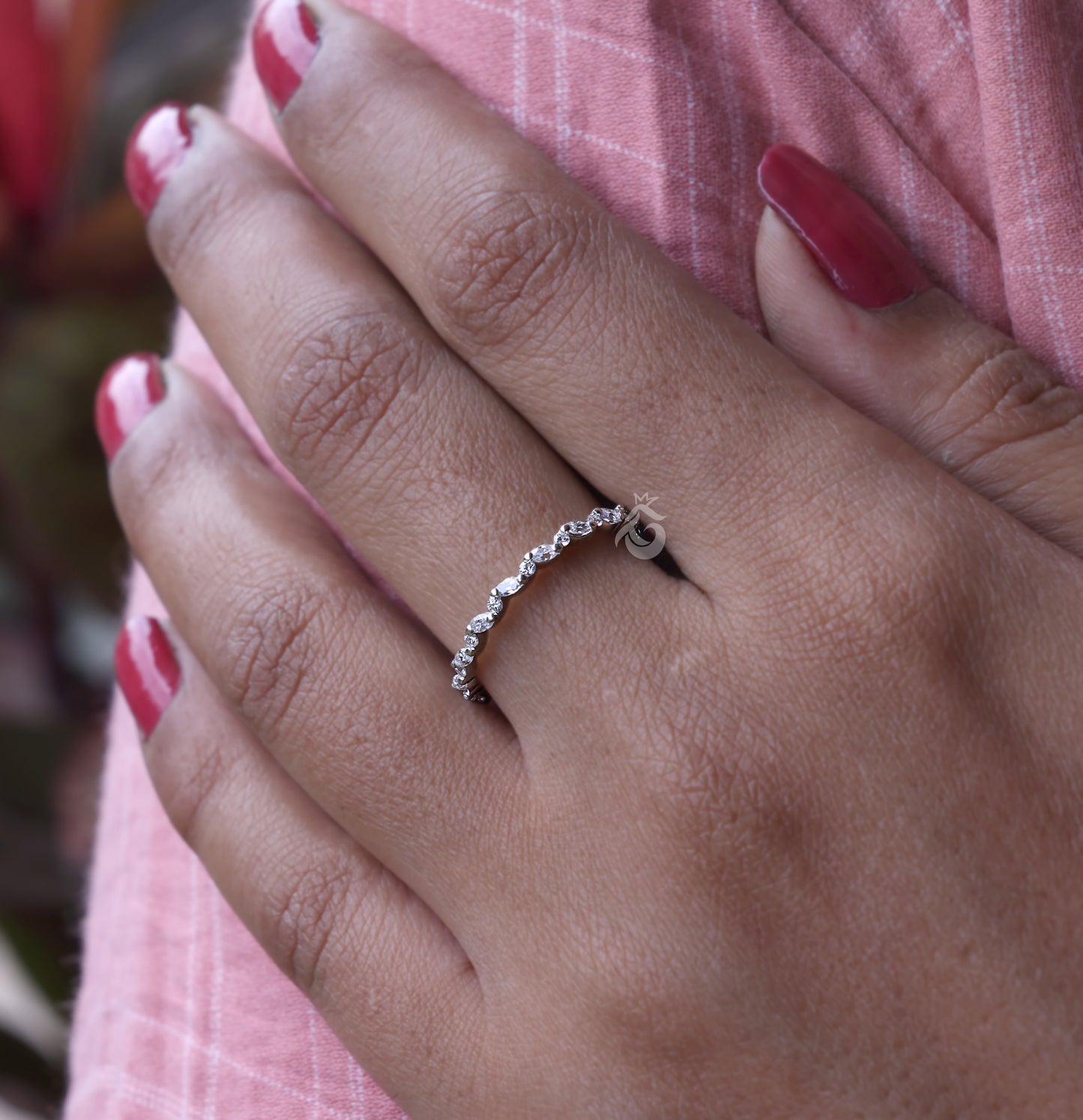 Full Eternity 0.52 TCW Marquise & Round Moissanite Band – 14K White Gold Stackable Wedding Ring