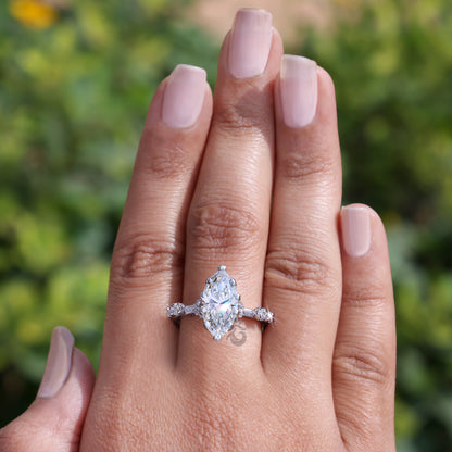 Marquise Lab Grown Diamond Engagement Ring, Vintage Hidden Halo Design