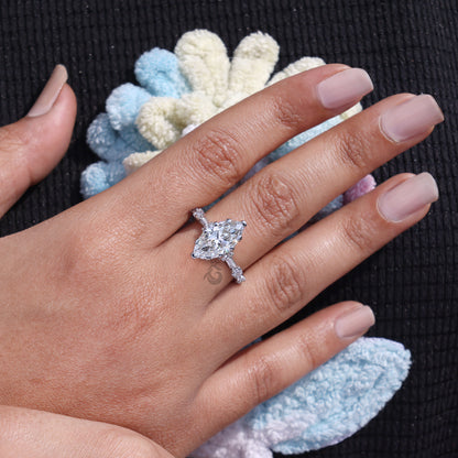 Marquise Lab Grown Diamond Engagement Ring, Vintage Hidden Halo Design