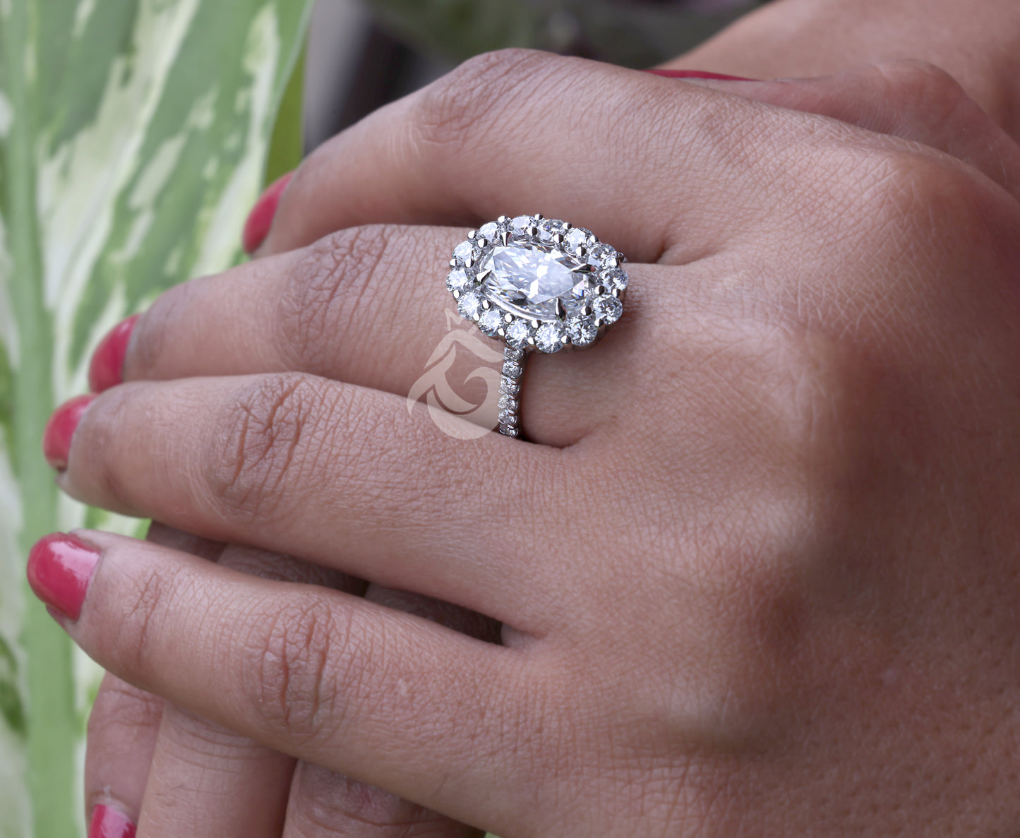 5.50 TW Moval Moissanite Engagement Ring, Decorative Flower Ring, 10K/14K White Gold, Anniversary Gift
