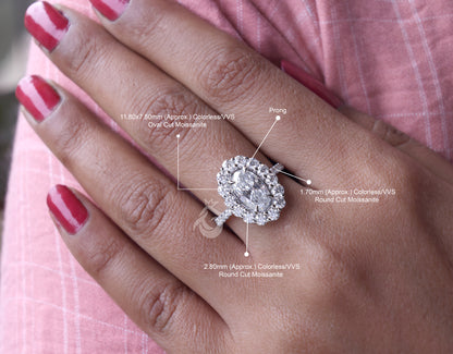 5.50 TW Moval Moissanite Engagement Ring, Decorative Flower Ring, 10K/14K White Gold, Anniversary Gift