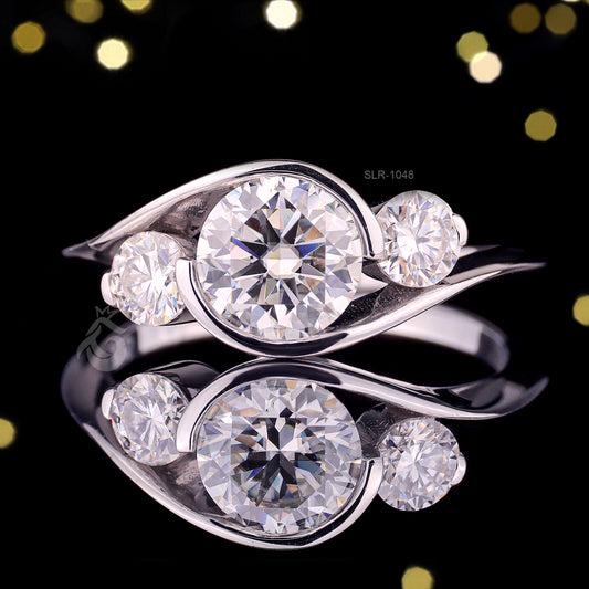 3-Stone Round Moissanite Engagement Ring – Tension Set Bypass Shank Wedding & Anniversary Ring