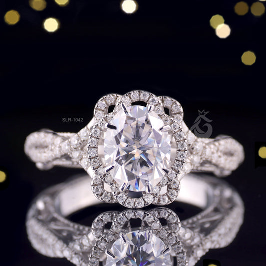 1.67CT Oval Cut Moissanite Engagement Ring – 14K White Gold Art Deco Vintage Floral Milgrain Ring