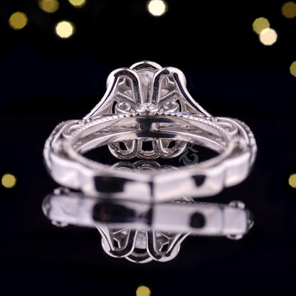 1.67CT Oval Cut Moissanite Engagement Ring – 14K White Gold Art Deco Vintage Floral Milgrain Ring