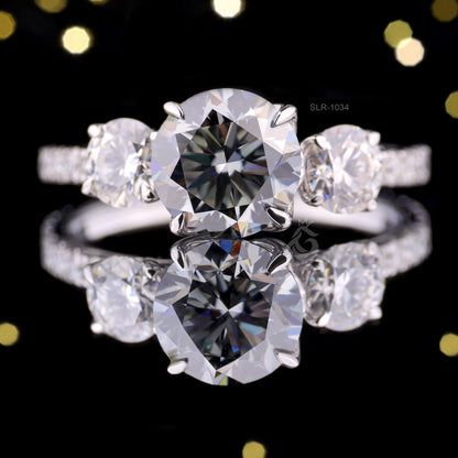 3-Stone Dark Gray Round Moissanite Engagement Ring – Tulip Style Wedding & Anniversary Ring