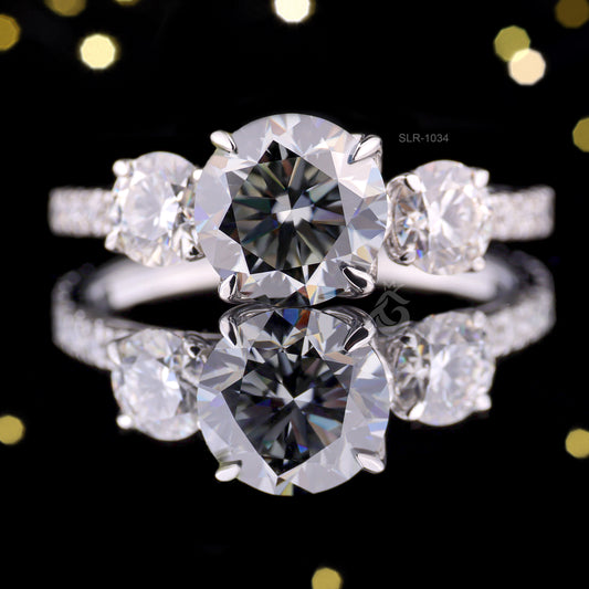 3-Stone Dark Gray Round Moissanite Engagement Ring – Tulip Style Wedding & Anniversary Ring