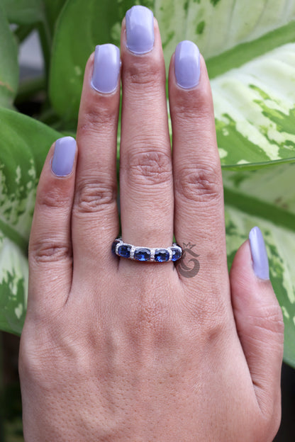 Oval Blue Sapphire Wedding Band – 14K Gold Round Halo Moissanite Stacking Ring