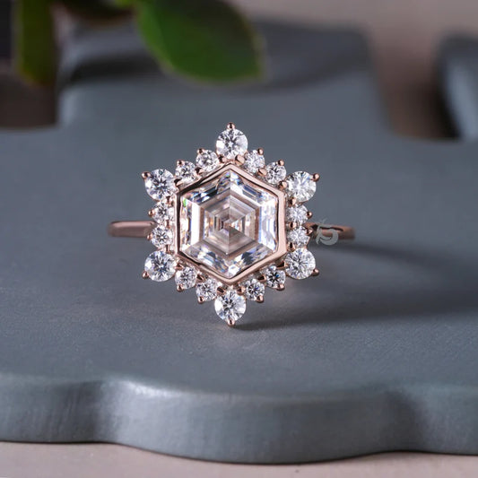 4CT Hexagon Step Cut Moissanite Engagement Ring, Cluster Halo Antique Style