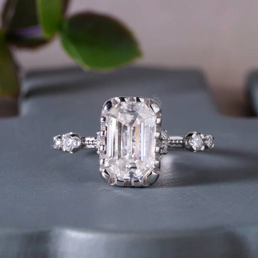 3CT Emerald Cut Moissanite Hidden Halo Engagement Ring, 14K White Gold