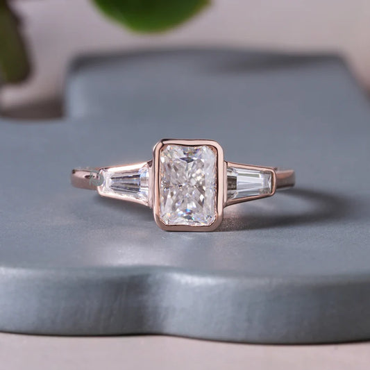 Radiant Cut Moissanite Bezel Ring, Three Stone Baguette, 14K Rose Gold