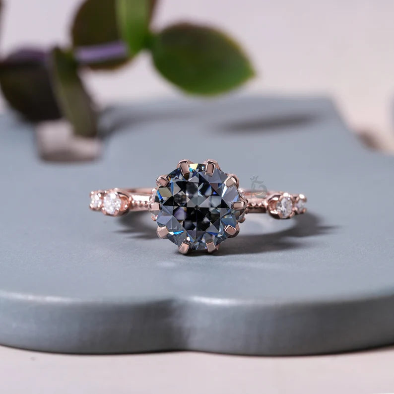 Dark Gray Round OEC Moissanite Engagement Ring, Hidden Halo, 10K Rose Gold
