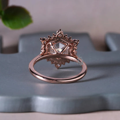 4CT Hexagon Step Cut Moissanite Engagement Ring, Cluster Halo Antique Style