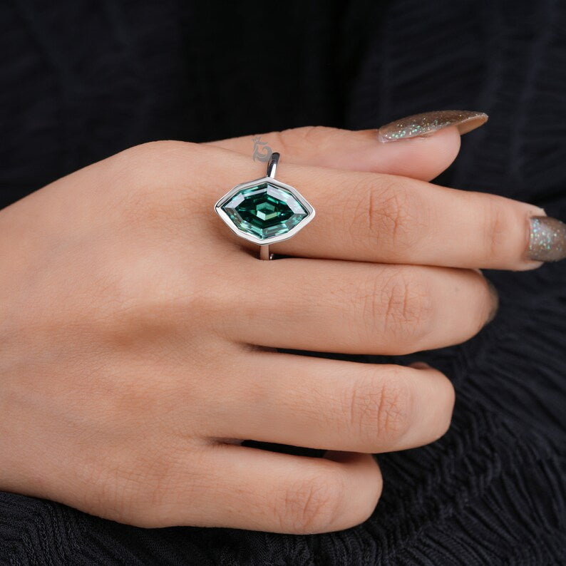 2.30CT Dutch Step Cut Greenish Blue Moissanite Ring, Bezel Set, 18K White Gold